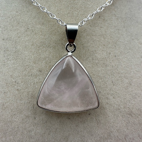 SOLD Triangle Rose Quartz Pendant Necklace on Box Chain - Picture 4 of 10